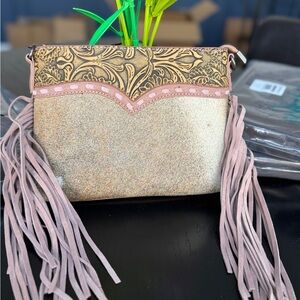Trinity Ranch Cowhide/Tooled Fringe Crossbody Dark Pink NWT